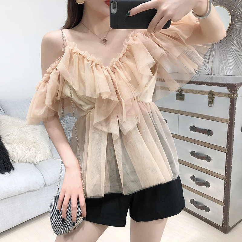 Summer Women Fashion Lace Mesh Ruffles Sexy Blouse Shirt Ladies Off-shoulder Low Cut Shirt Loose Top Suits
Summer Women Fashion Lace Mesh Ruffles Sexy Blouse Shirt Ladies Off-shoulder Low Cut Shirt Loose Top Suits