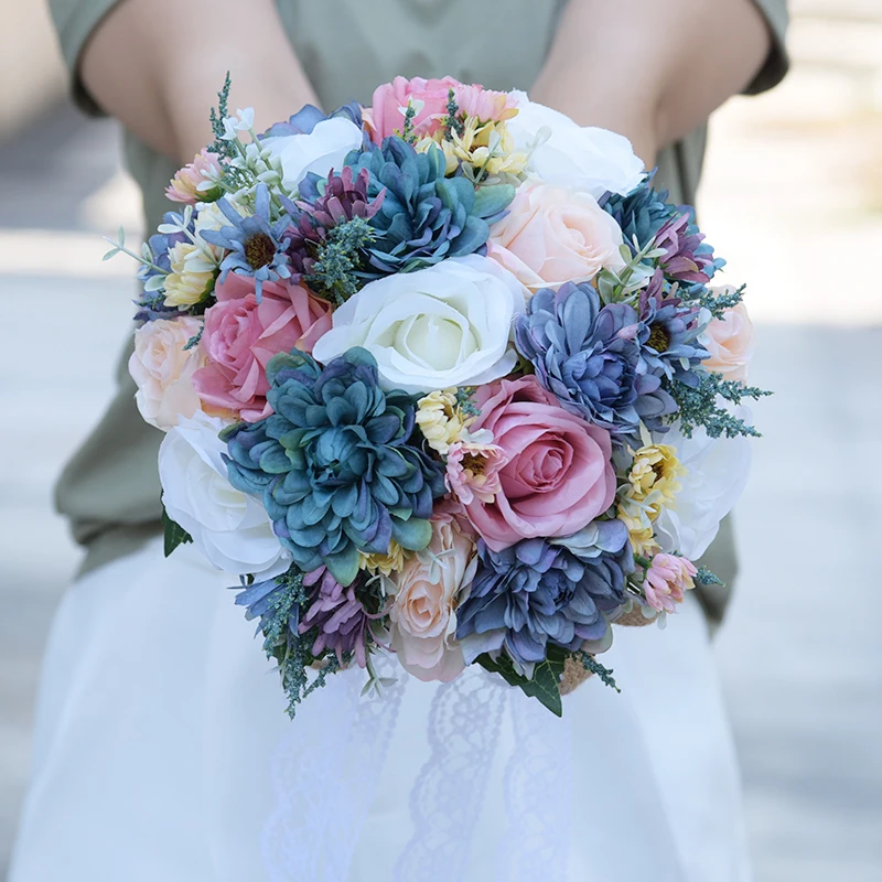 Винтажный голубой Шелковый букет диких цветов для свадьбы простой цвет