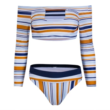Women Bikinis Set Long Sleeve Off Shoulder Print Striped Surfing Swimsuit Beach Bikini Set Monikini Bathing Suit
Women Bikinis Set Long Sleeve Off Shoulder Print Striped Surfing Swimsuit Beach Bikini Set Monikini Bathing Suit