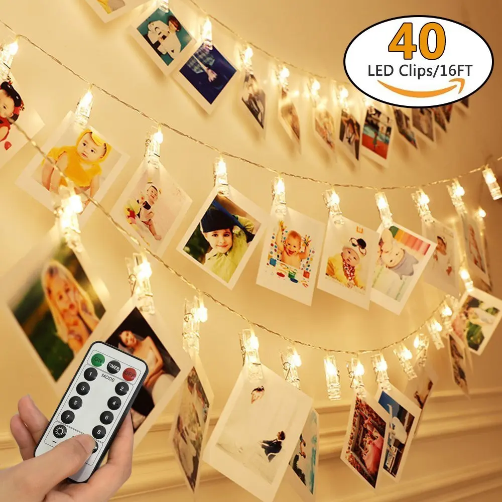 8 Modes Remote Control 40LED Photo Clip Led String Fairy Light With Battery Box Warm White For Christmas Wedding Home Decoration
8 Modes Remote Control 40LED Photo Clip Led String Fairy Light With Battery Box Warm White For Christmas Wedding Home Decoration