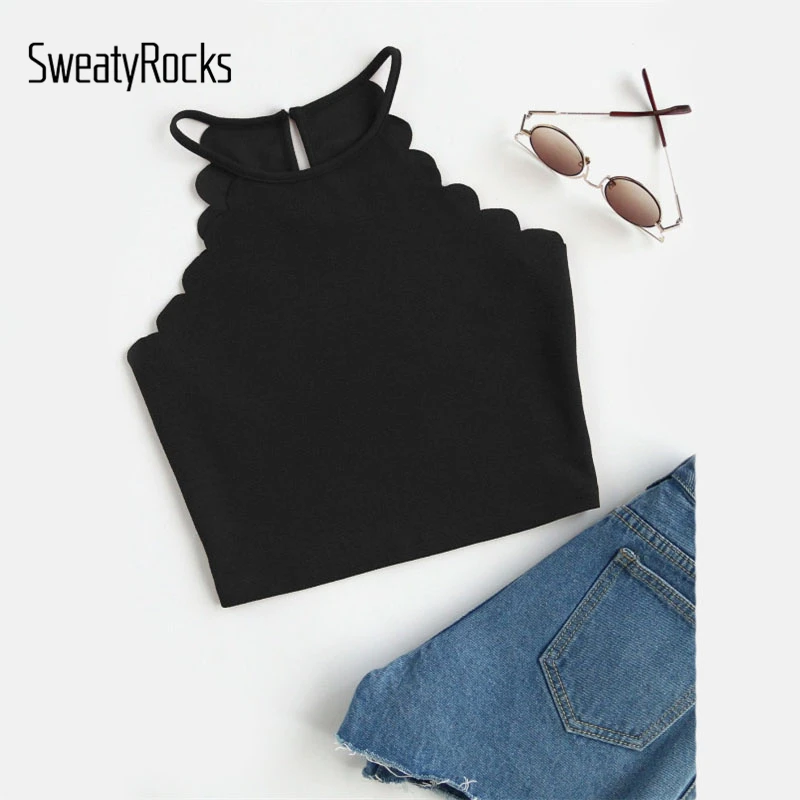 

SweatyRocks Scallop Trim Halter Casual Top Sleeveless Women Vest Ladies Black Slim Fit Plain Crop Camisole