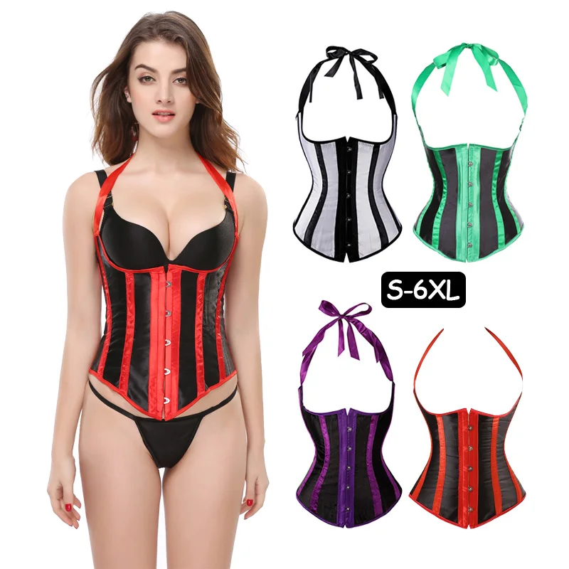 

Women's Boned Corselet Sexy Green Striped Burlesque Lace Up Waist Cincher Underbust Corset Bustier Vest Top Plus Size 6XL+Thong