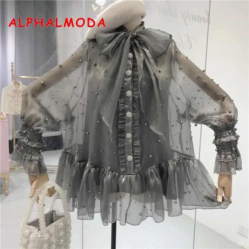 Женский комплект из 2 предметов ALPHALMODA топ с бантом на шею и шифоновая блузка осень