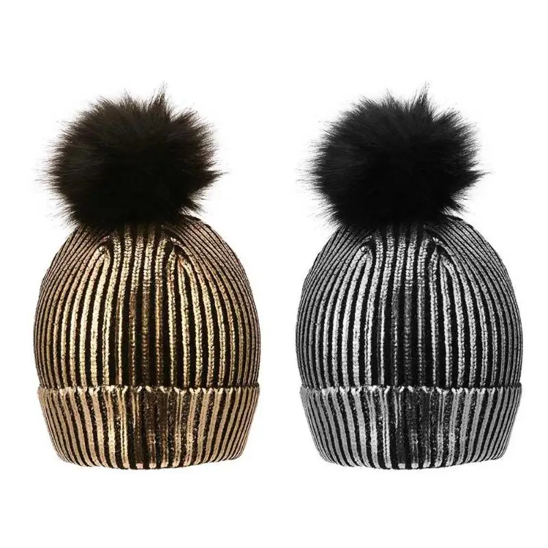 

Winter Sparkly Bronzing Color Hats For Women Girls Gold Silver Pompon Caps Hat for Female Winter Knitting Warm Hairball Hat