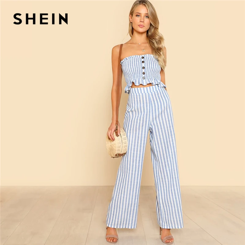 

SHEIN Blue Bohemian Shirred Ruffle Hem Strapless Crop Cami Top and Wide Leg Pants Striped Sets Women Summer Beach Two Piece Set