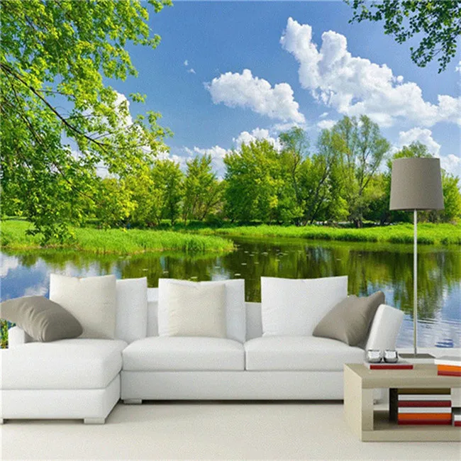 

3D garden natural scenery wallpaper mural living room sofa TV background wall blue sky white clouds green wood river reflection