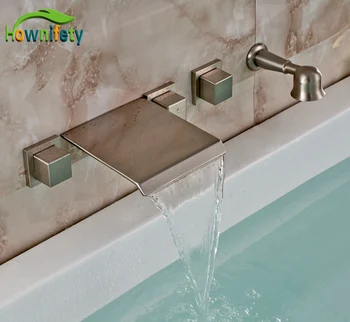 Nickel Brushed Bathtub Faucet Three Handles Mixer Tap with Brass Handheld Shower 
Nickel Brushed Bathtub Faucet Three Handles Mixer Tap with Brass Handheld Shower