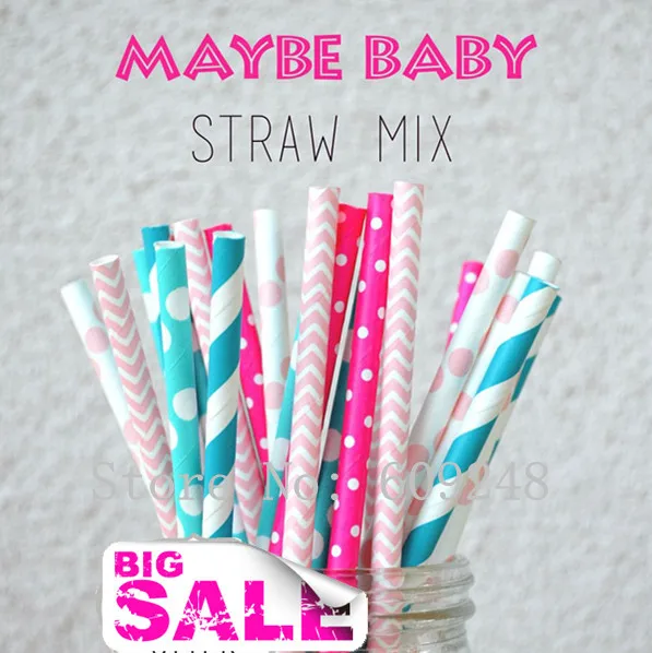 

100pcs Mixed Colors Maybe Baby Party Paper Straws,Light Pink Polka Dot and Chevron,Turquoise Stripe,Deep Pink Tiny Dot,Kids,Bulk