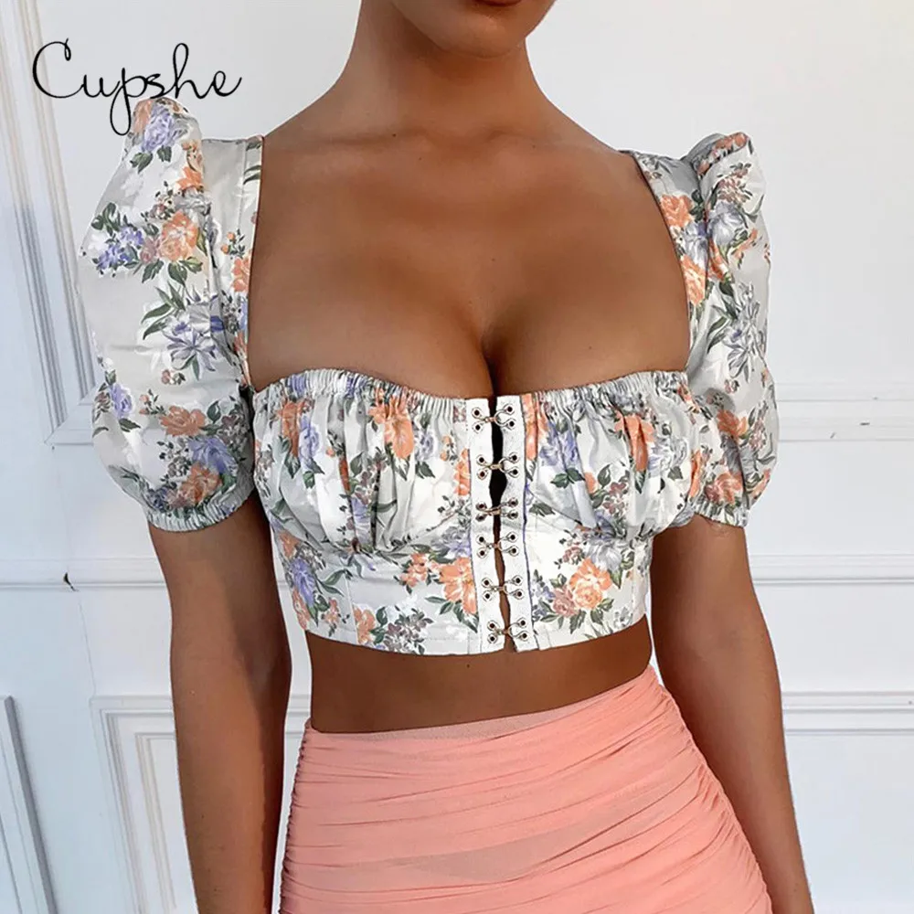 

CUPSHE Vintage Crochet Short Crop Top Blouses Shirt 2019 Summer Beach Sexy Women Slim Puff Sleeve Ruch Camis Hooked Beachwear