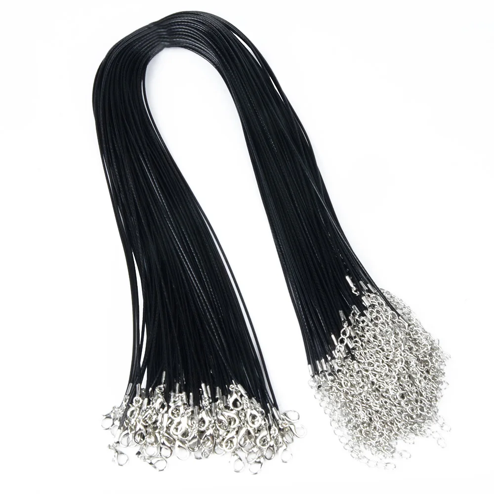 Black Necklace Cord with Clasp 50 PCS Waxed Thread with Extension Chain 1.5mm Braided Imitation Leather Rope for Bracelets Necklaces and Jewelry Making 50 Black, 1.5MM