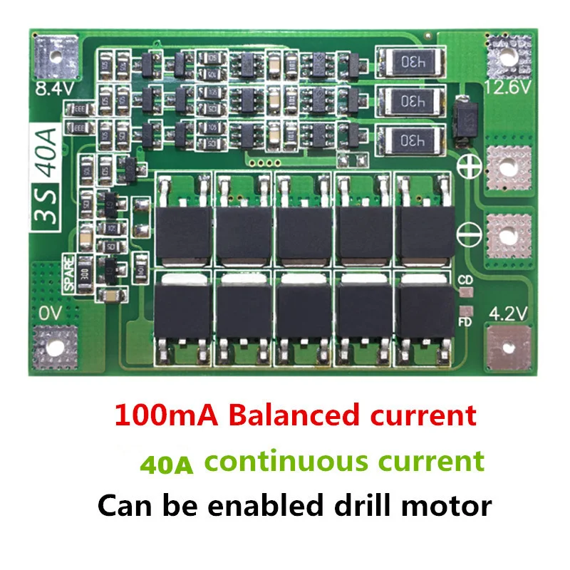 Защитная плата PCB BMS зарядного устройства литий ионной батареи 3S 40A для двигателя