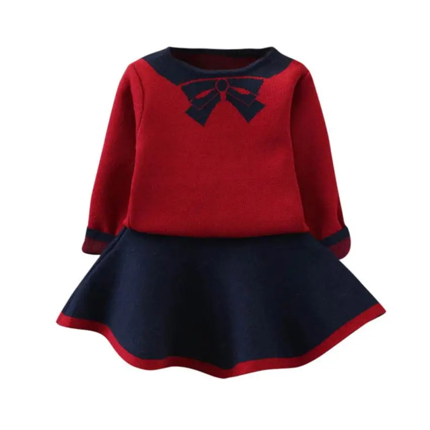 Toddler Kids Baby Girls Outfits Clothes Bowknot Knitted Sweater Tops+Skirt Set Aug 24