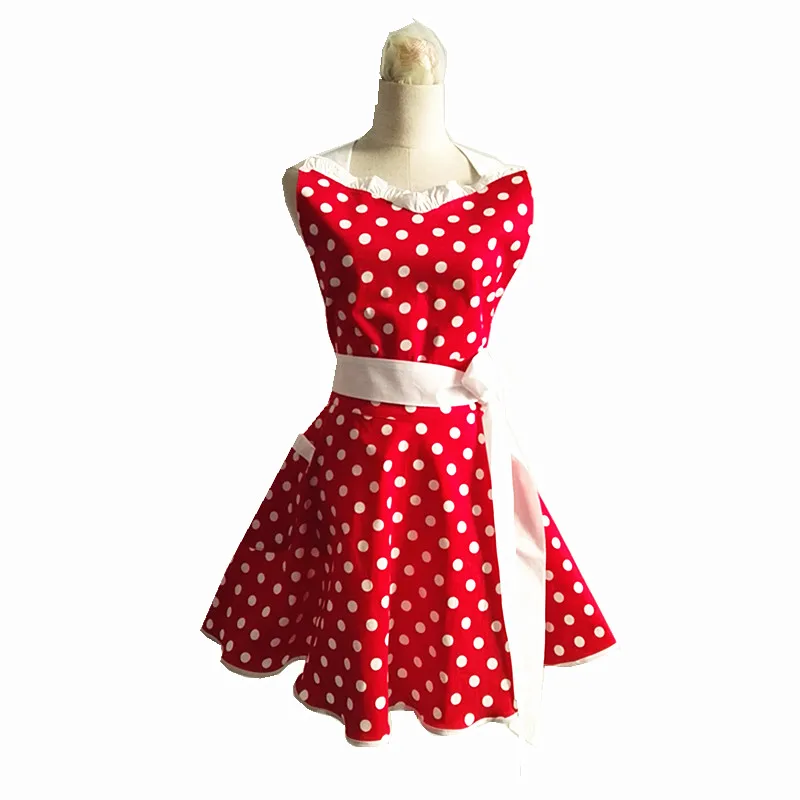 

New Lovely Sweetheart Red Retro Kitchen Aprons Woman Girl Cotton Polka Dot Cooking Salon Pinafore Vintage Apron Dress Christmas