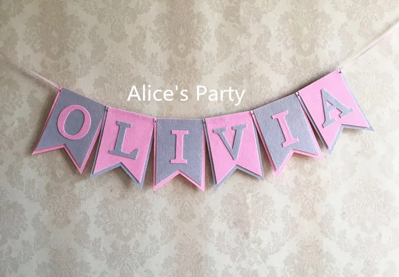 

Personalized baby shower banner custom girl name bunting pink dream birthday garland party decorations grey flag hot photoprops