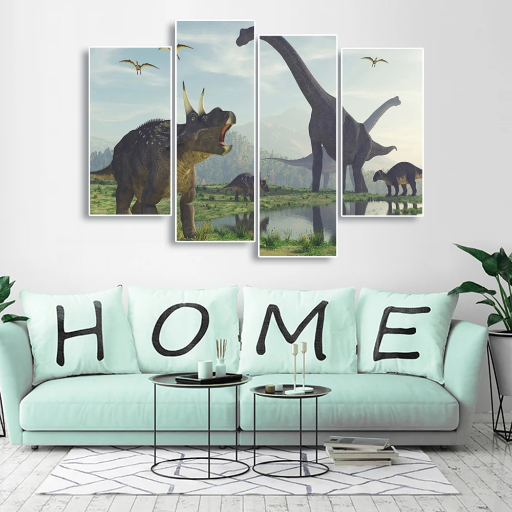 Laeacco Canvas Painting Calligraphy Jurassic World Dinosaur 4 Panel Wall Artwork Posters and Prints Home Decoration Pictures | Дом и сад