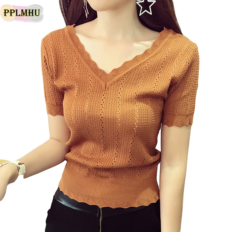 Women Elegant Hollow Out Summer T-Shirt Fashion New V-Neck Short Sleeve Knitted T-Shirt Slim Waist Femme Vintage Top T-shirt
Women Elegant Hollow Out Summer T-Shirt Fashion New V-Neck Short Sleeve Knitted T-Shirt Slim Waist Femme Vintage Top T-shirt