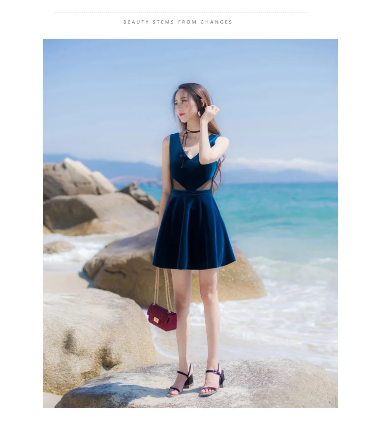 2017 New Summer Women Mini dress Sleeveless Slim Dew Waist Velvet Dresses Blue 6033
2017 New Summer Women Mini dress Sleeveless Slim Dew Waist Velvet Dresses Blue 6033