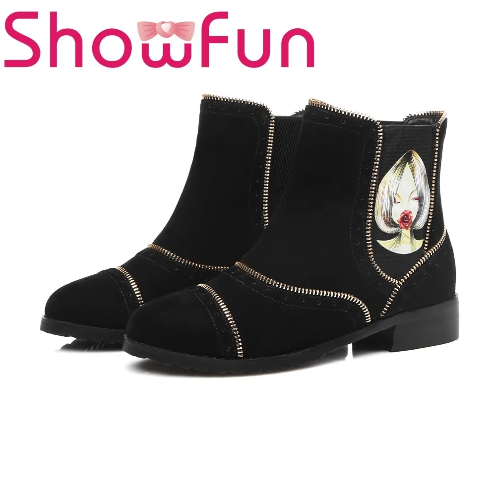 Showfun 2018 genuine leather solid square heels boots women shoes
