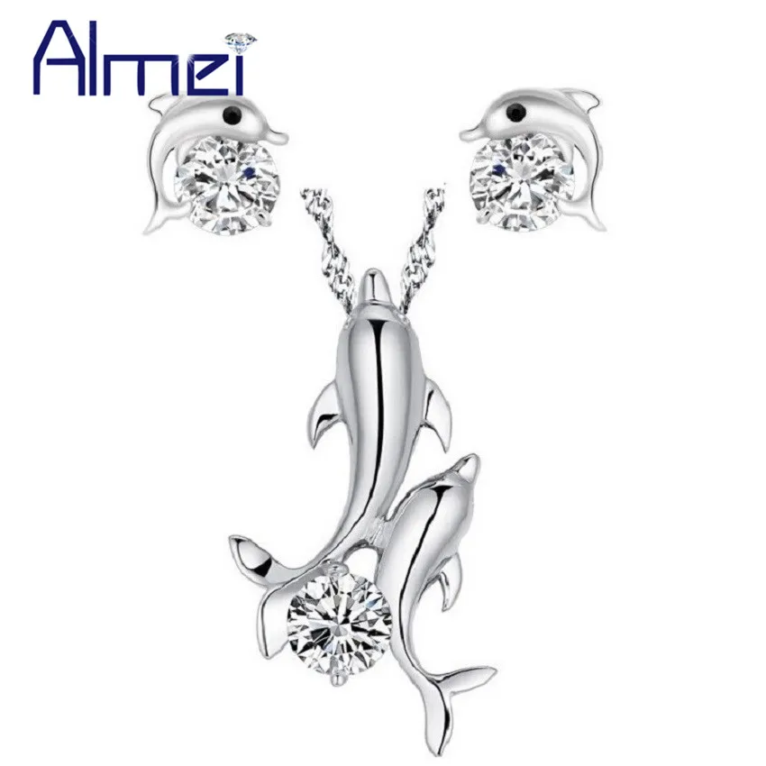 

Almei Bridal Cute Dolphin Necklace with Earring Stone Fashion Silver Color Costume Jewelry Sets For Women Animal Bijoux TN324