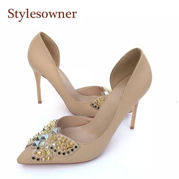 Stylesowner Nude Thin Heel Shoe Gold Silver Spike Rivets Butterfly Wedding Shoe One side Open Fashion Pumps Sapatos Mujer 34-44
Stylesowner Nude Thin Heel Shoe Gold Silver Spike Rivets Butterfly Wedding Shoe One side Open Fashion Pumps Sapatos Mujer 34-44