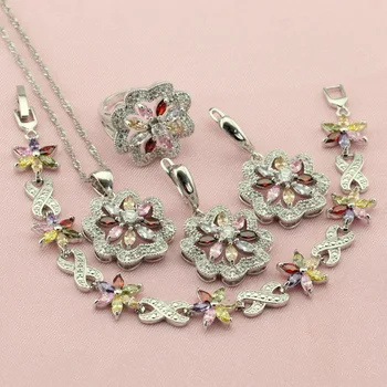 Women's Multicolor Four Colors Cubic Zirconia Silver Color Bridal Jewelry Sets Earrings Necklace Ring Bracelet Free Jewellry Box
Women's Multicolor Four Colors Cubic Zirconia Silver Color Bridal Jewelry Sets Earrings Necklace Ring Bracelet Free Jewellry Box
