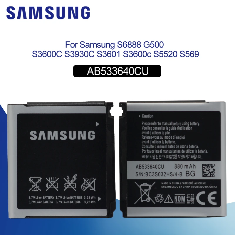 SAMSUNG AB533640CC/CU For Samsung C3110 G400 G500 F469 F268 G600 G608 J638 F330 F338 GT-S3600i 880mAh Replacement Phone Battery
SAMSUNG AB533640CC/CU For Samsung C3110 G400 G500 F469 F268 G600 G608 J638 F330 F338 GT-S3600i 880mAh Replacement Phone Battery