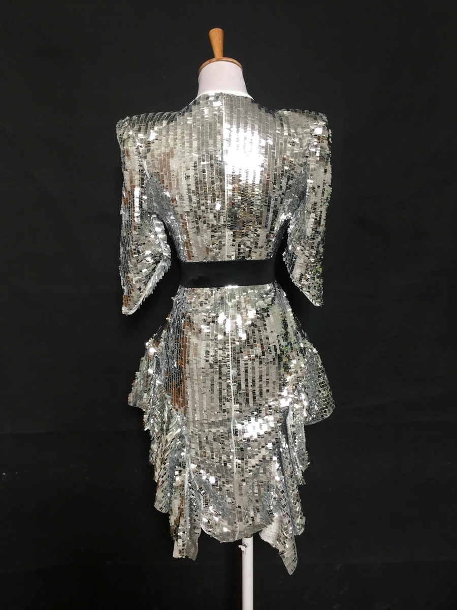 Stage Wear Sequined Shoulder Shiny Tuxedo Dress Costume Singer Guest