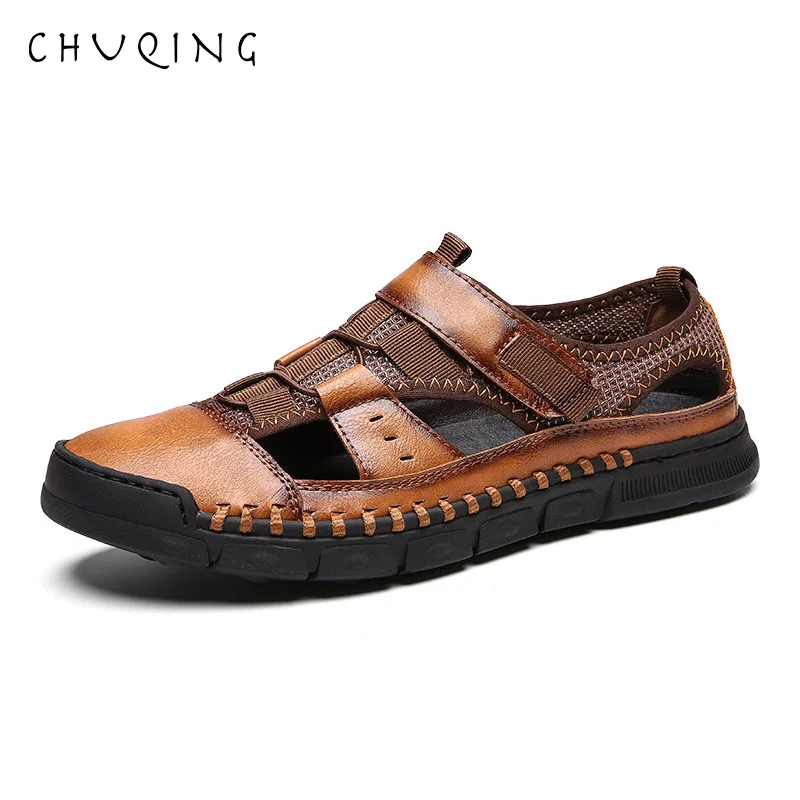 Фото CHUQING/кроссовки Летняя обувь мужские сандалии из натуральной спилка пляжные
