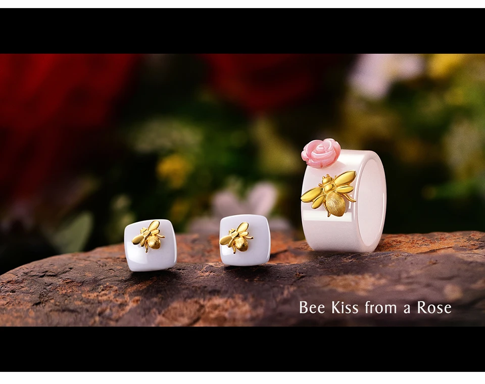 Ceramics Cute Bee Kiss from a Rose Jewelry Set | 925 Sterling Silver