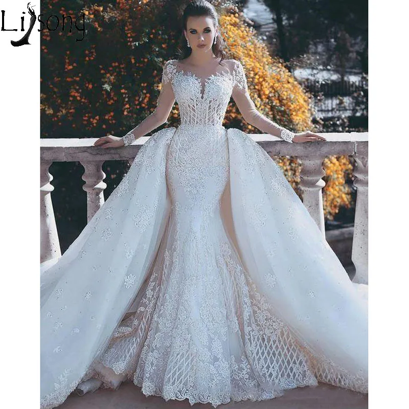 2019 Vintage Mermaid Wedding Dresses Overskirts with Detachable Train Lace Pearls Sheer Neck Long Sleeves Backless Bridal Dress
2019 Vintage Mermaid Wedding Dresses Overskirts with Detachable Train Lace Pearls Sheer Neck Long Sleeves Backless Bridal Dress