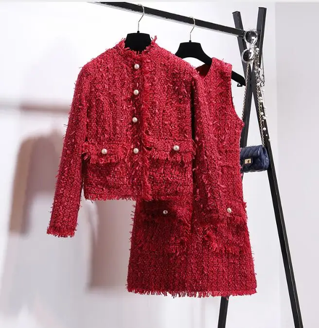 2019 Autumn Winter Women's Small Fragrance Wind Dress Set Temperament Pearl Button Tweed Jacket + Vest Dress Two Piece Sets
2019 Autumn Winter Women's Small Fragrance Wind Dress Set Temperament Pearl Button Tweed Jacket + Vest Dress Two Piece Sets