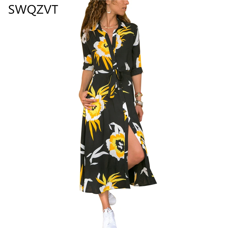New women long maxi dress fashion chiffon 2019 autumn summer floral sleeve casual print shirt clothes | Женская одежда