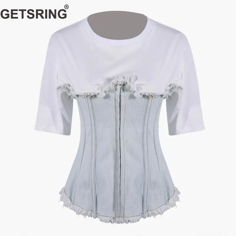 GetSpring Women T Shirt Irregular T-shirts Denim Spliced Short Sleeve Top Slim Thin Women Tops Fashion Tee Shirts Tee Tops 2019
GetSpring Women T Shirt Irregular T-shirts Denim Spliced Short Sleeve Top Slim Thin Women Tops Fashion Tee Shirts Tee Tops 2019