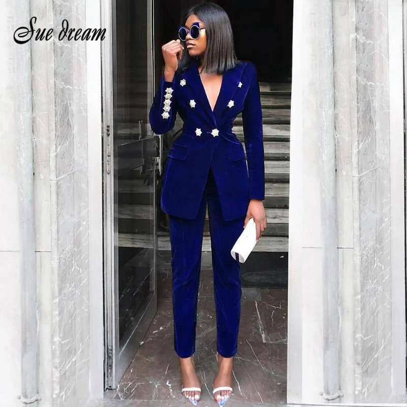 2019 New Women's Luxury Dark Blue Velvet Long-sleeved Crystal Diamond Buckle Jacket & Trousers 2 Pieces Two-piece Christmas Coat
2019 New Women's Luxury Dark Blue Velvet Long-sleeved Crystal Diamond Buckle Jacket & Trousers 2 Pieces Two-piece Christmas Coat