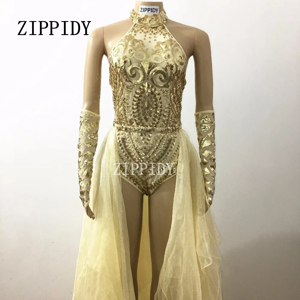 2019 Glisten Gold Sequins Bodysuit Skirt Set Women'S Stretch Leotard