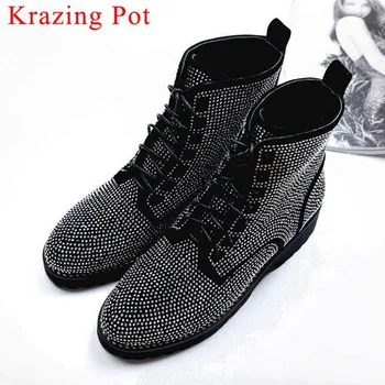 Krazing Pot cow suede big size shining crystals decoration lace up round toe loe heels concise design driving mid-calf boots L09
Krazing Pot cow suede big size shining crystals decoration lace up round toe loe heels concise design driving mid-calf boots L09