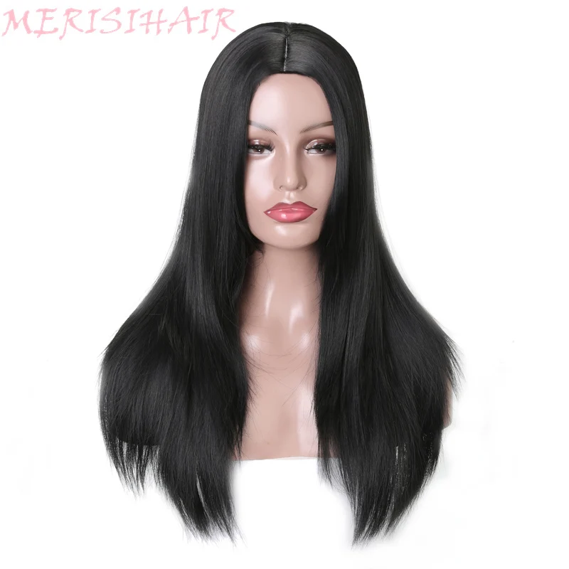 MERISI HAIR Long Straight Black Brown Gray Wigs For Women 24 inch Synthetic Hair High Temperature Fiber Average Size 1 (1)