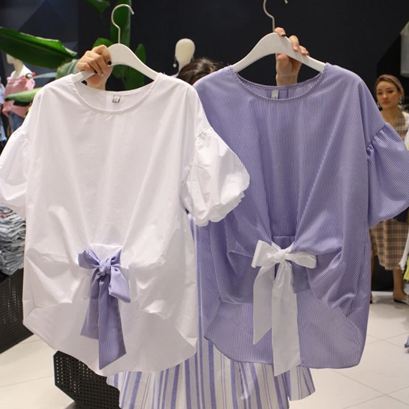 2019 Summer New Striped Stitching Short-sleeved T-shirt Sweet Butterfly T-shirts Casual Short Bow O-Neck Puff Sleeve
2019 Summer New Striped Stitching Short-sleeved T-shirt Sweet Butterfly T-shirts Casual Short Bow O-Neck Puff Sleeve