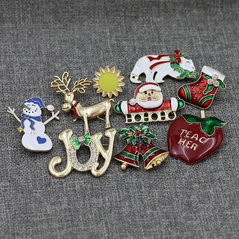 

free shipping 10 pcs/lot fashion jewelry Christmas Santa Claus deer bells brooch apple badge snowman boots sunflower brooch pin