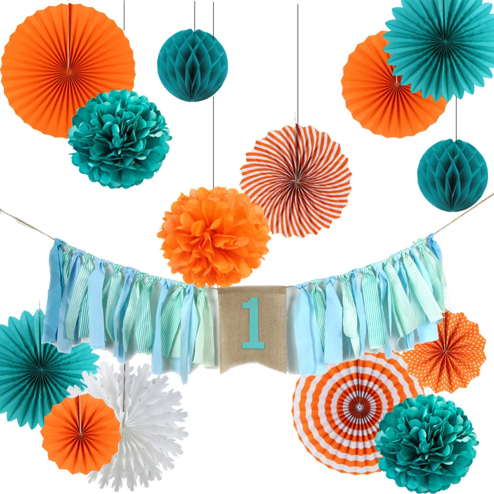 Teal Orange Party Decoration Set Paper Rosette Pinwheels Tissue