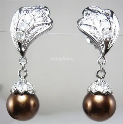 Hot sale new Style >>>>Chocolate Brown South Sea Shell Pearl White Gold Plated Crystal Clip-On Earrings | Украшения и