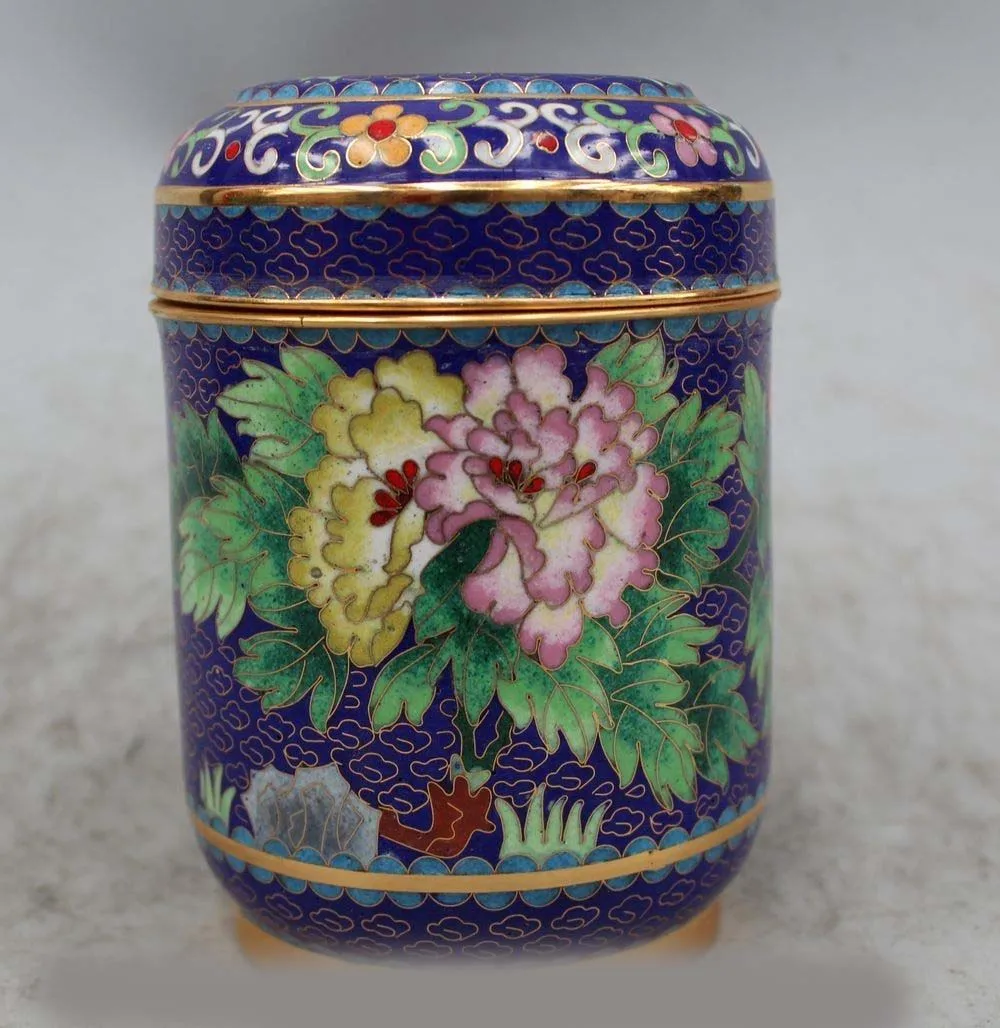 5"Marked Chinese Dynasty Cloisonne Bronze flower tea caddy Pot Statue