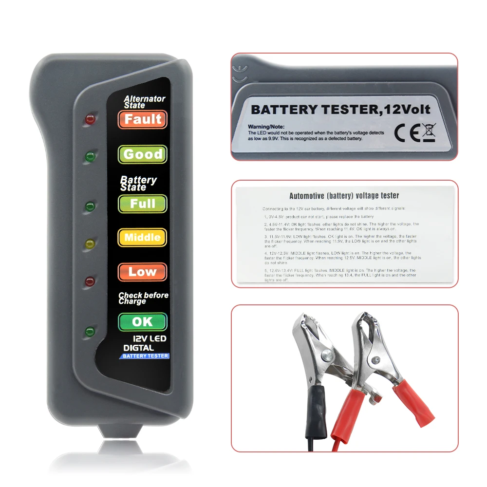 6 LED Lights Display 12V Digital Battery Alternator Tester Auto Car Diagnostic Tool for Cars Vehicle Motorcycle New