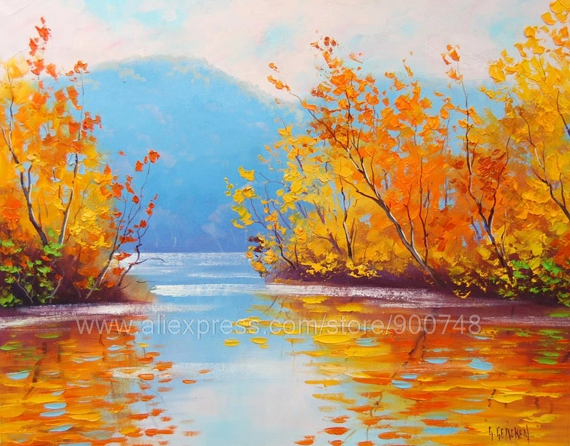 

Huge oil paintingYellow Autumn River Impressionist Landscape Art Home Decoration Bedroom Wall Pictures Free Shipping rea