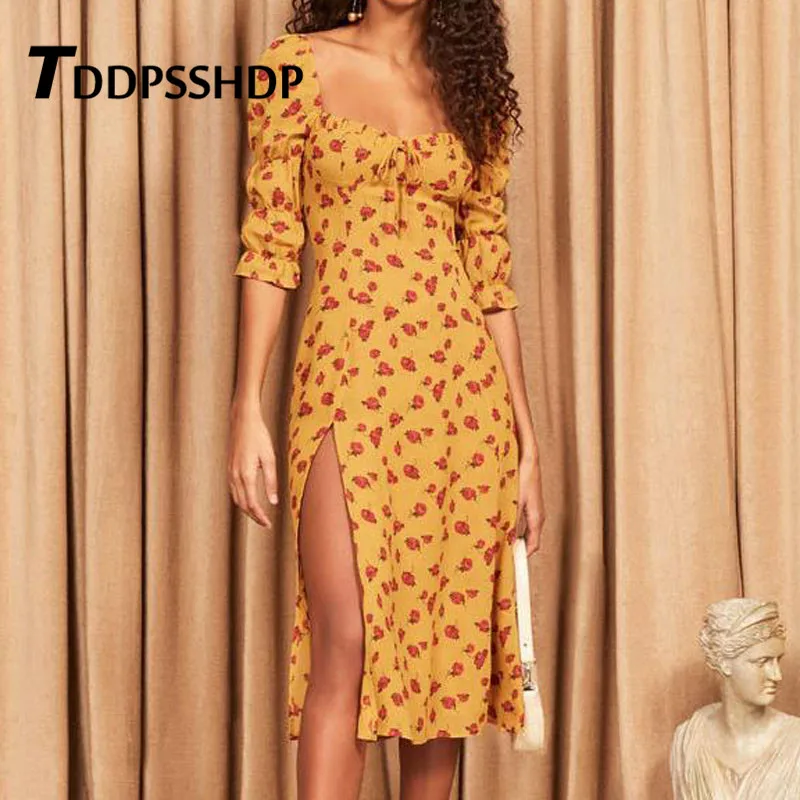 Palace Rose Printing Square Collar Women Dress Yellow Color Slit Drawstring Spring Female Dresses
Palace Rose Printing Square Collar Women Dress Yellow Color Slit Drawstring Spring Female Dresses