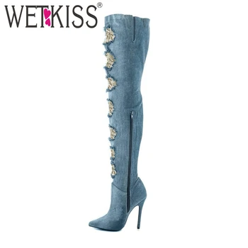 WETKISS Customized Denim Over The Knee Women Boots Pointed Toe Lace Holed Footwear Thin Heels Zipper Ladies Shoes Elegant Shoes
WETKISS Customized Denim Over The Knee Women Boots Pointed Toe Lace Holed Footwear Thin Heels Zipper Ladies Shoes Elegant Shoes