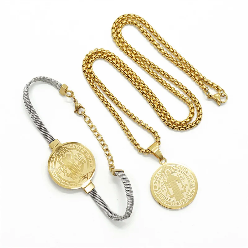 New Religion Medal Necklaces Pendant For Men Women Saint Benedict Stainless Steel Gold Color Round Christ Necklace Jewelry Gift
New Religion Medal Necklaces Pendant For Men Women Saint Benedict Stainless Steel Gold Color Round Christ Necklace Jewelry Gift
