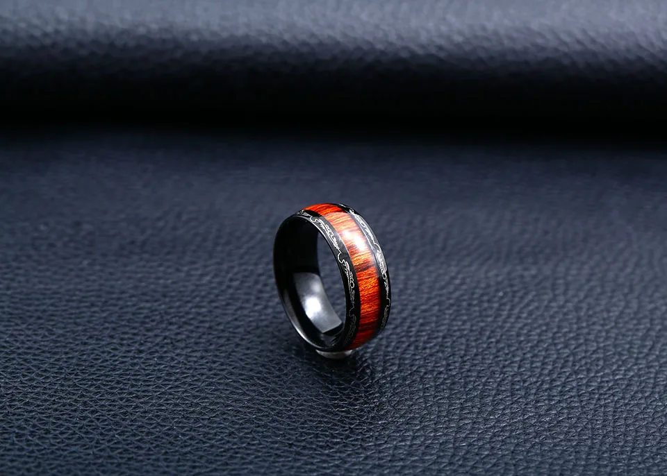 Steel soldier black ring with dark red wood inlay inside ring men unique fashion engagement jewelry 14