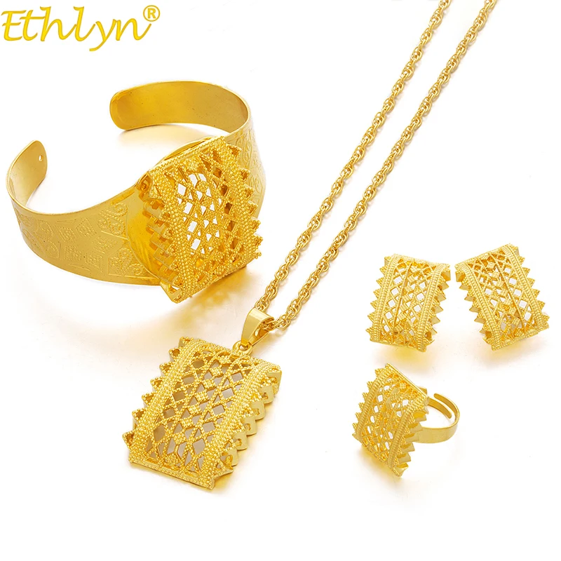

Ethlyn Jewelry New Ethiopian Gold Color Sets Pendant Necklaces Earrings Bangle Ring Habesha Jewelry Eritrean Wedding Gifts S195