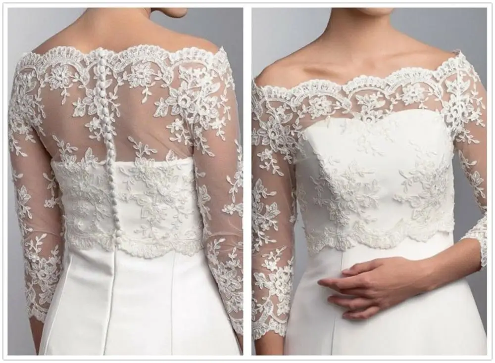 

New Lace Appliques Off Shoulder Wedding Shawl Lace Boleros Jackets Long Sleeves Custom Size Bridal White Ivory Jacket 2019